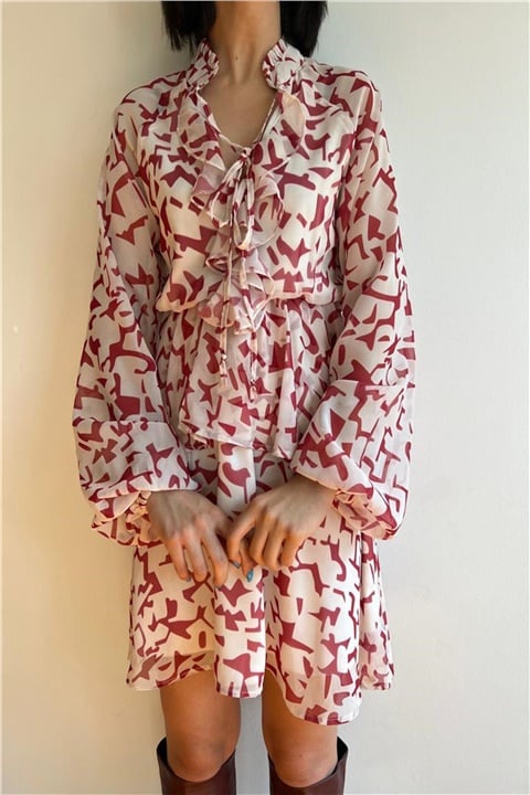 Krem Desenli Fırfır Detaylı Şifon Elbise