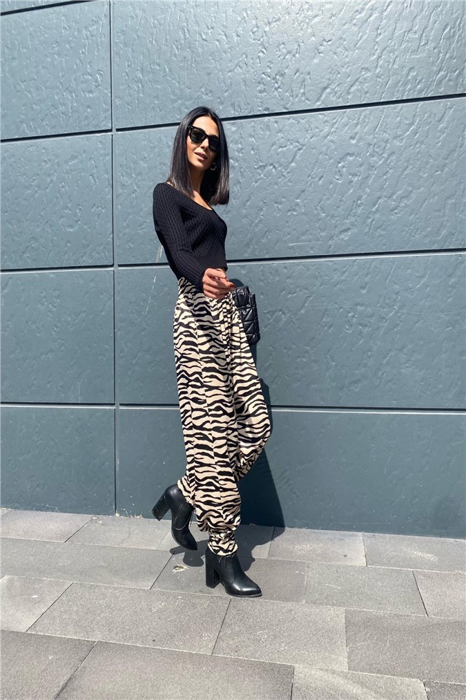 Zebra Desenli Yüksek Bel Pantolon